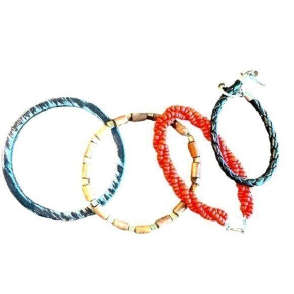 EUC 4 Bracelets Rope black and red/orange; Wood Bangle; Wood Gold/Brown Stretxh - Picture 1 of 8